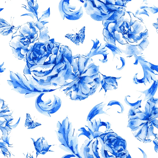 Vintage Musterdesign blaue Rosen und Schmetterlinge — Stockvektor