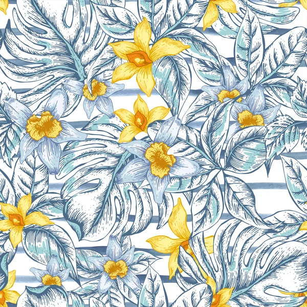Natural floral leaves exotic vector seamless pattern - Stok Vektor