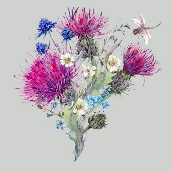 Summer watercolor natural bouquet with wild flowers — Stock Photo, Image