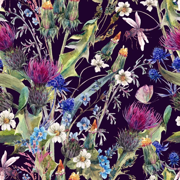 Summer watercolor seamless floral pattern with wild flowers — Stock Photo, Image