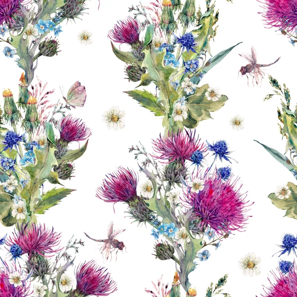 Reticolo floreale senza giunte dell'acquerello di estate con i fiori selvaggi — Foto Stock