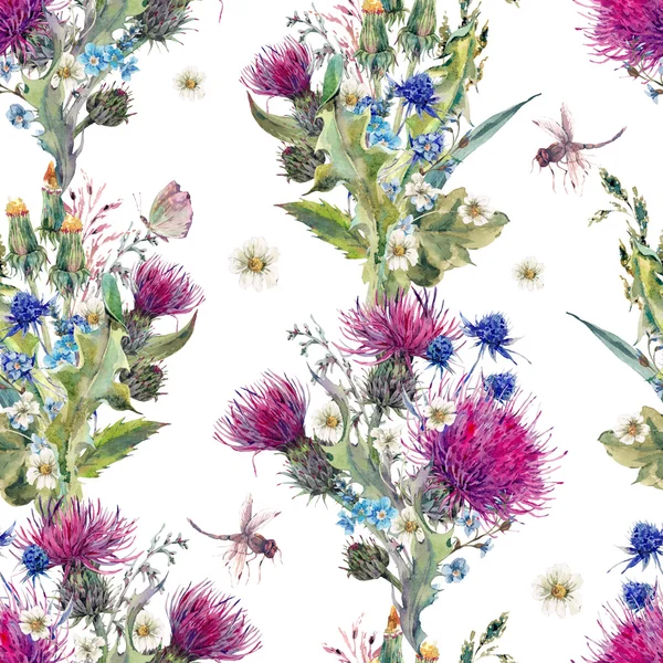 Summer watercolor seamless floral pattern with wild flowers
