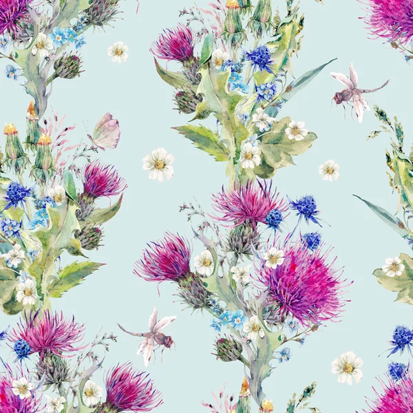 Summer watercolor seamless floral pattern with wild flowers