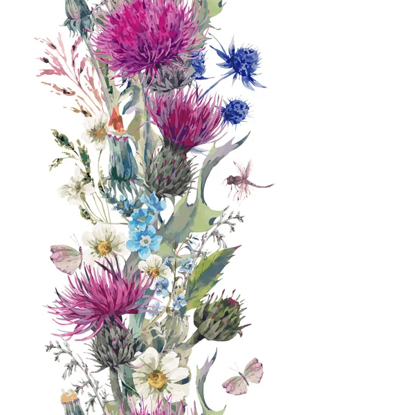 Vintage vertikal växtbaserade sömlös kant med blommande äng Flo — Stock vektor