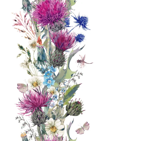 Vintage bordure verticale de transparente à base de plantes avec Blooming Meadow Flo — Image vectorielle