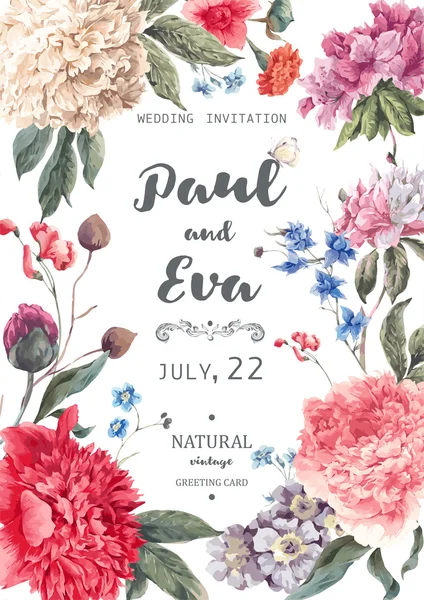 Vintage floral vector wedding invitation - Stok Vektor