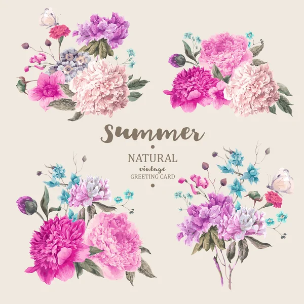 Conjunto vintage vector floral bouquet de peonías — Archivo Imágenes Vectoriales