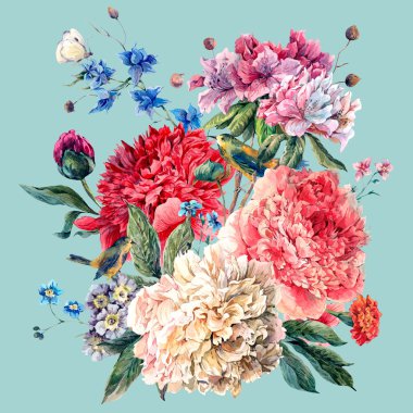Çiçek açan Peonies ile Vintage çiçek tebrik kartı