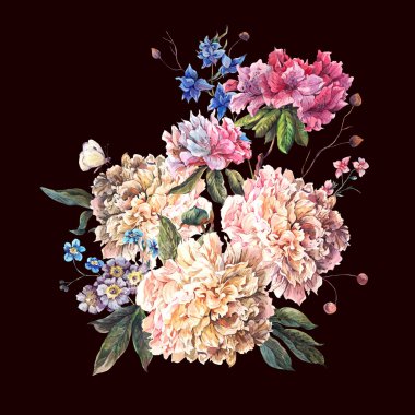 Beyaz Peonies Vintage çiçek kartı