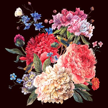 Vintage çiçek suluboya buket peonies ve kır çiçekleri