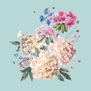 Beyaz Peonies Vintage çiçek kartı