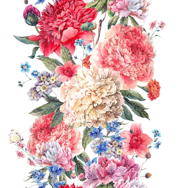 Vintage blommig sömlös akvarell pioner gränsen — Stockfoto