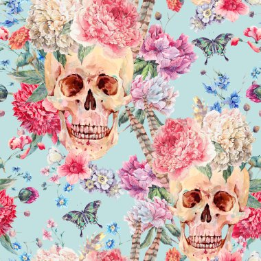 Watercolor seamless pattern with skull and pink peony