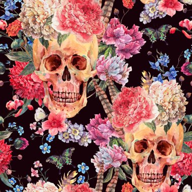 Watercolor seamless pattern with skull and pink peony