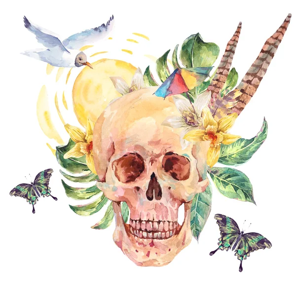 Watercolor skull, sea gull, tropical leaves, flowers, butterflie — Stok fotoğraf