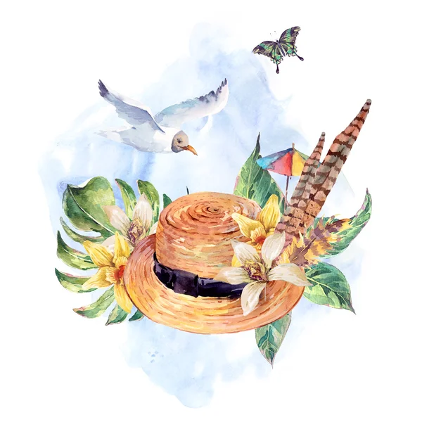 Summer watercolor straw hat, sea gull, tropical leaves, flowers — Stockfoto