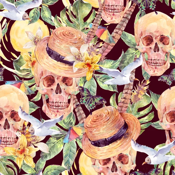 Summer watercolor skull Day of The Dead seamless sattern — 스톡 사진