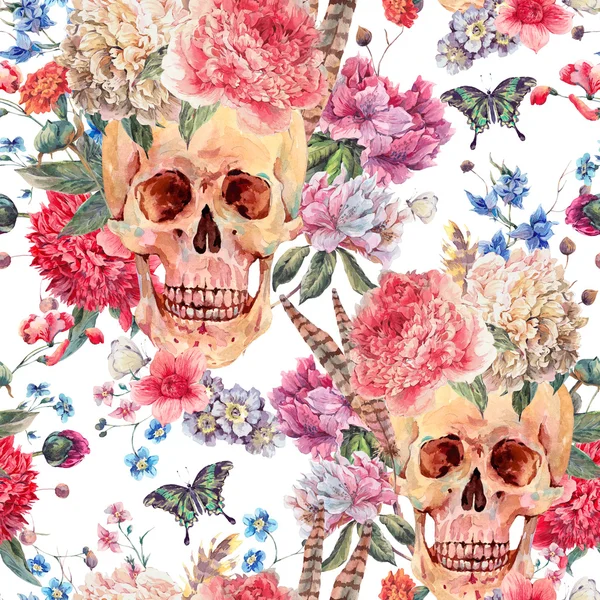 Watercolor seamless pattern with skull and pink peony — 图库照片