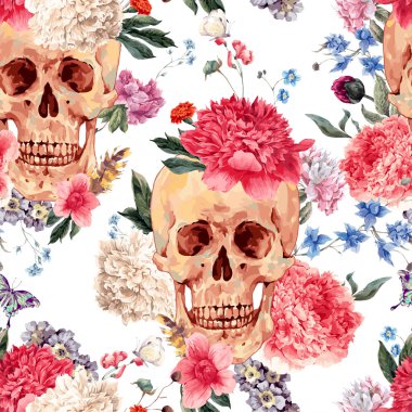 Vector seamless pattern with skull and flowers