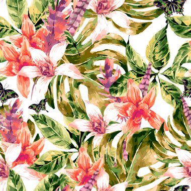 Watercolor vector seamless pattern tropical green leaves