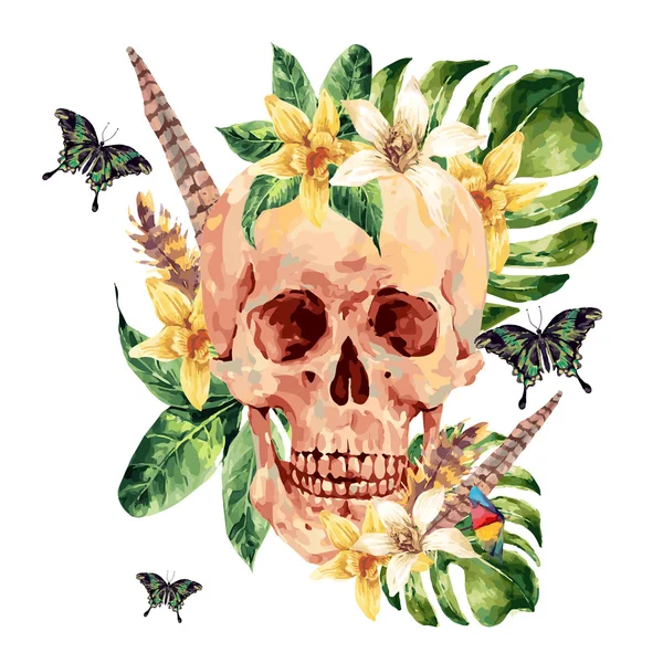 Summer watercolor vector skull, tropical leaves, flowers — Stock Vector