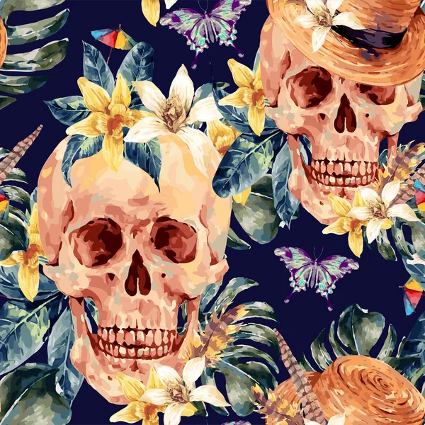 Zomer aquarel vector schedel, tropische bladeren, bloemen — Stockvector