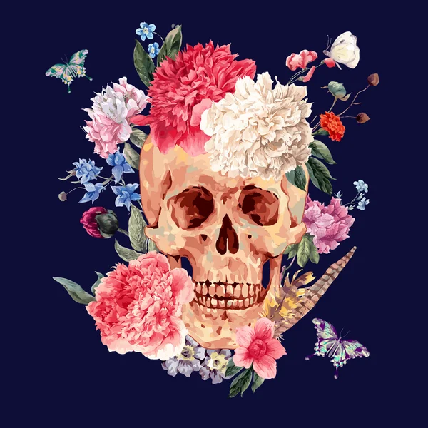 Watercolor vector card with skull and pink peony — ストックベクタ