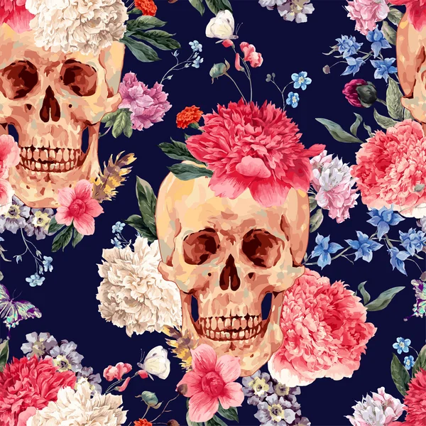 Vector seamless pattern with skull and flowers — ストックベクタ