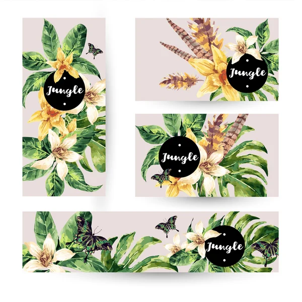 Summer set of cards with tropical green leaves — Archivo Imágenes Vectoriales