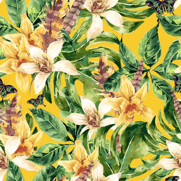 Watercolor vector seamless pattern tropical green leaves — 스톡 벡터