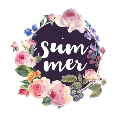 Vector roses vintage floral round frame