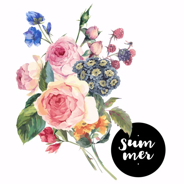 Vector roses vintage floral greeting card — 스톡 벡터