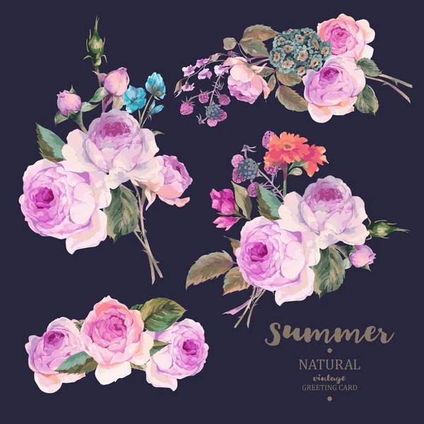 Set vintage floral vector bouquet of English roses — 스톡 벡터