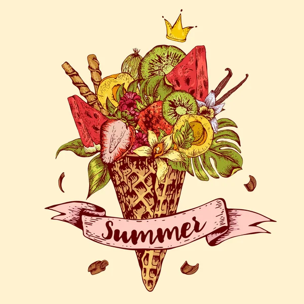 Hand drawn greeting card with a fruity cocktail in waffle cone — Stockový vektor