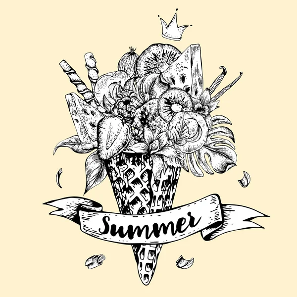 Hand drawn greeting card with a fruity cocktail in waffle cone — 图库矢量图片