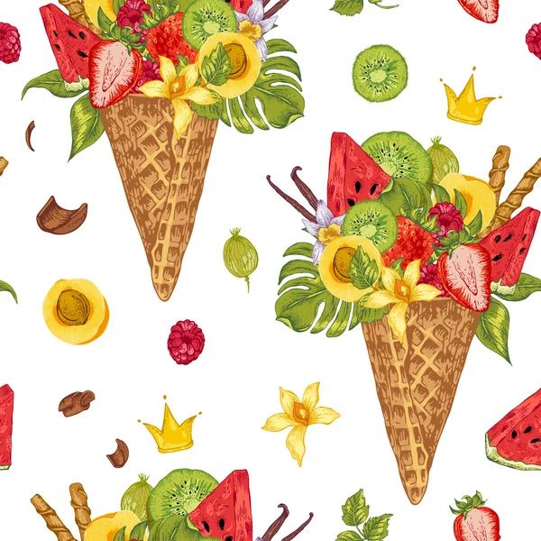 Seamless pattern with a fruity cocktail in waffle cone — Stok Vektör