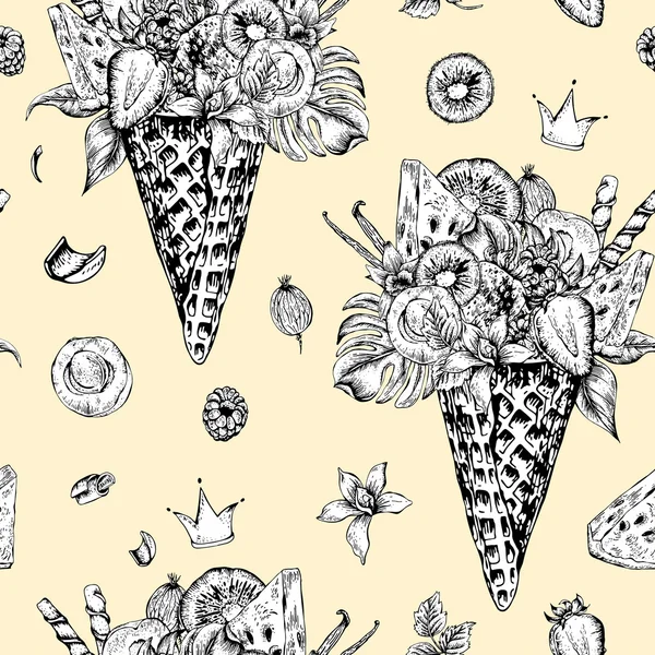 Seamless pattern with a fruity cocktail in waffle cone — Stok Vektör