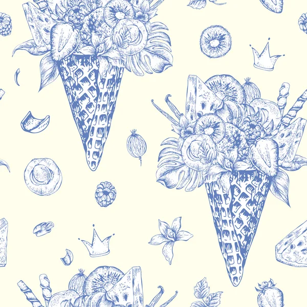 Seamless pattern with a fruity cocktail in waffle cone — 图库矢量图片