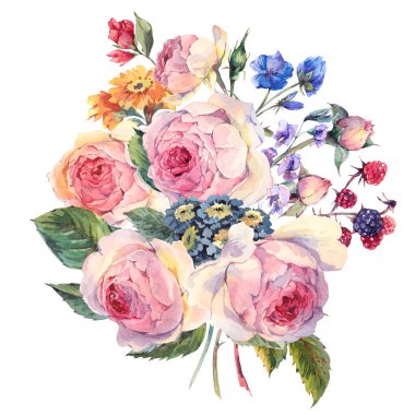 Watercolor bouquet of English rosesand wildflowers