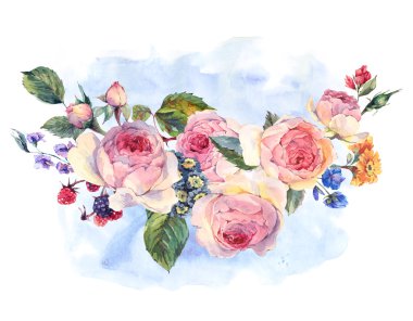 İngiliz gülleri ve kır çiçekleri suluboya buketi
