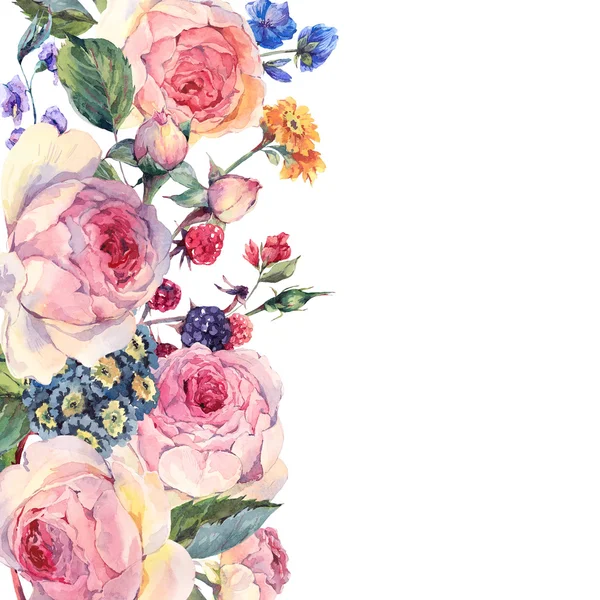Akwarelowy bukiet angielskich róż i dzikich kwiatów — Zdjęcie stockowe