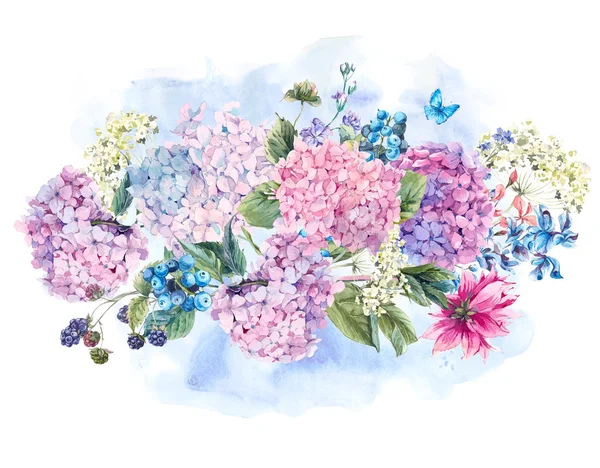 Акварель квітковий букет з гортензії — стокове фото