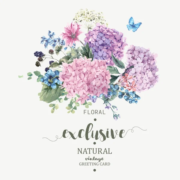 Blommig gratulationskort med blommande hortensia och trädgård blommor — Stock vektor