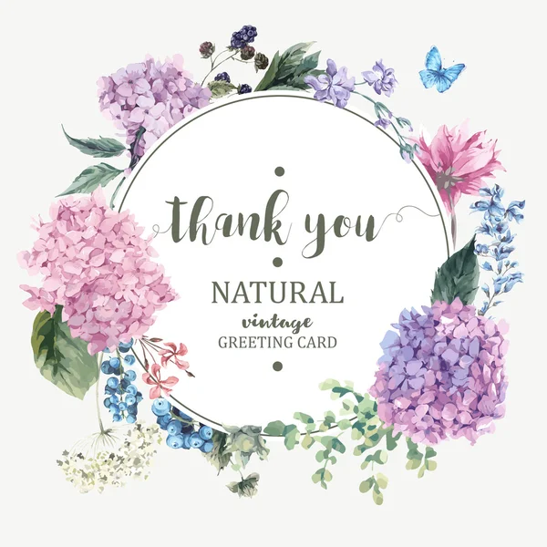 Cartão Floral com Hortênsia florescente e flores do jardim —  Vetores de Stock