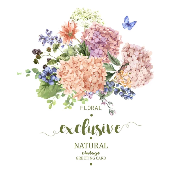 Biglietto di auguri floreale con ortensia fiorita e fiori da giardino — Vettoriale Stock