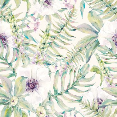 Eğrelti otları ve çiçeklerle suluboya yaprak seamless modeli