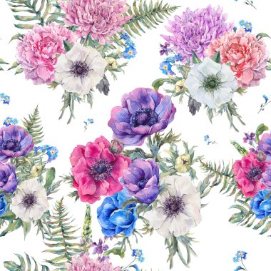 Suluboya çiçek seamless modeli ile anemon