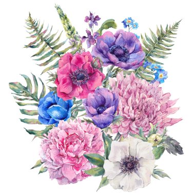 Anemon ile suluboya çiçek tebrik kartı