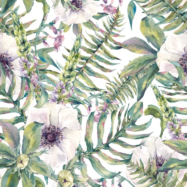 Aquarel blad naadloze patroon met varens en bloemen — Stockfoto