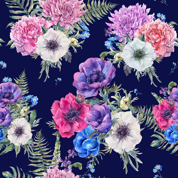 Watercolor floral seamless pattern with anemones — Stock Photo, Image